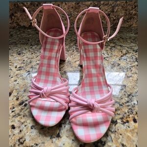 Draper James Chic Pink Gingham High Heel Sandals with Bow